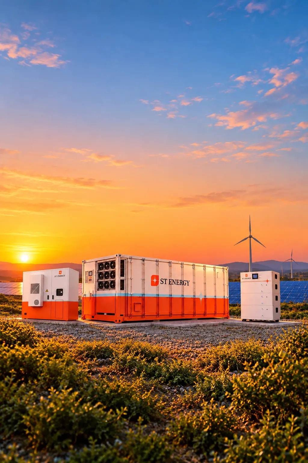 Solar panels and wind turbines at sunset